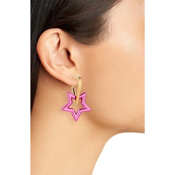 NIB Versace Heart Star Charm Greca Engraved Funky Gold Pink Hoop Earrings $925 - Picture 4 of 12
